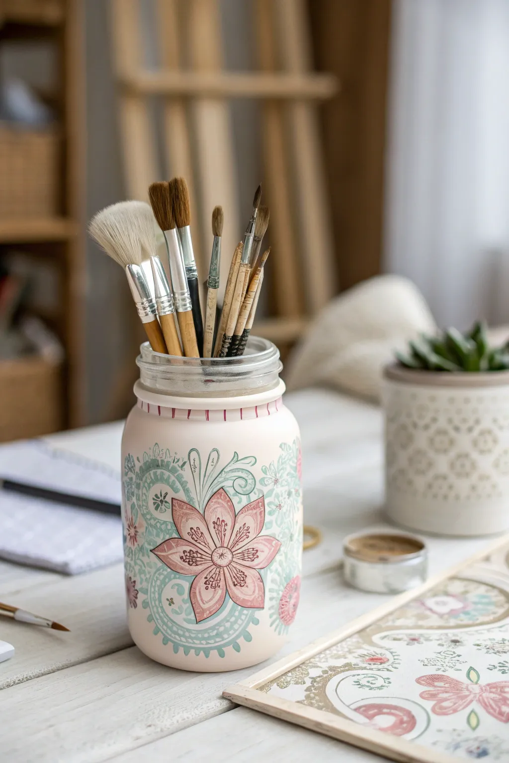 Add a touch of vintage elegance to your craft space with floral-painted mason jars.