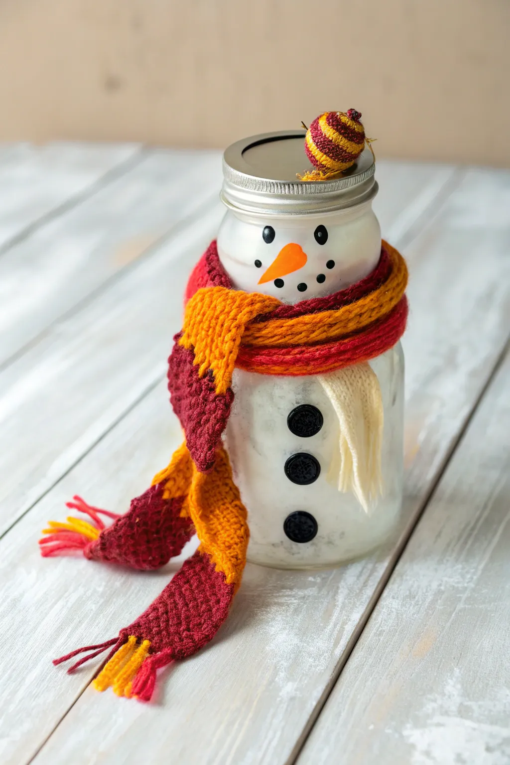 Wrap up your holiday decor with a splash of color! 🎨✨ Transform a simple mason jar into a charming snowman with a cozy, colorful scarf. #CraftedElegance #ScandinavianBoho