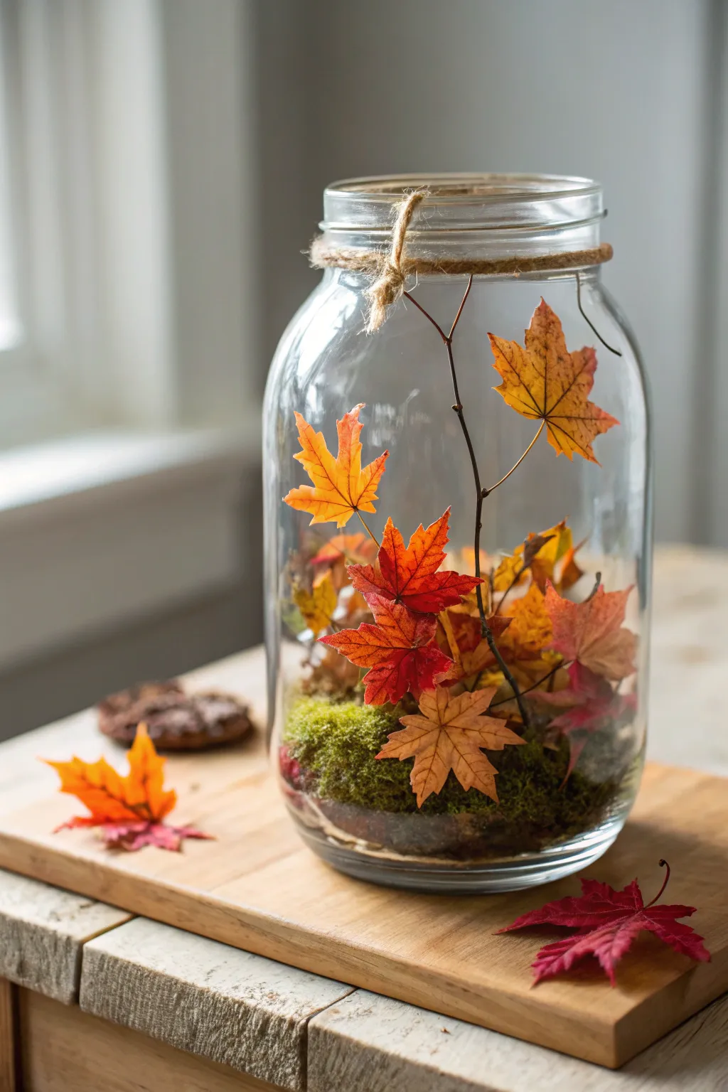 Embrace the seasons with a charming mason jar terrarium, showcasing nature's vibrant autumn palette in a minimalist design.