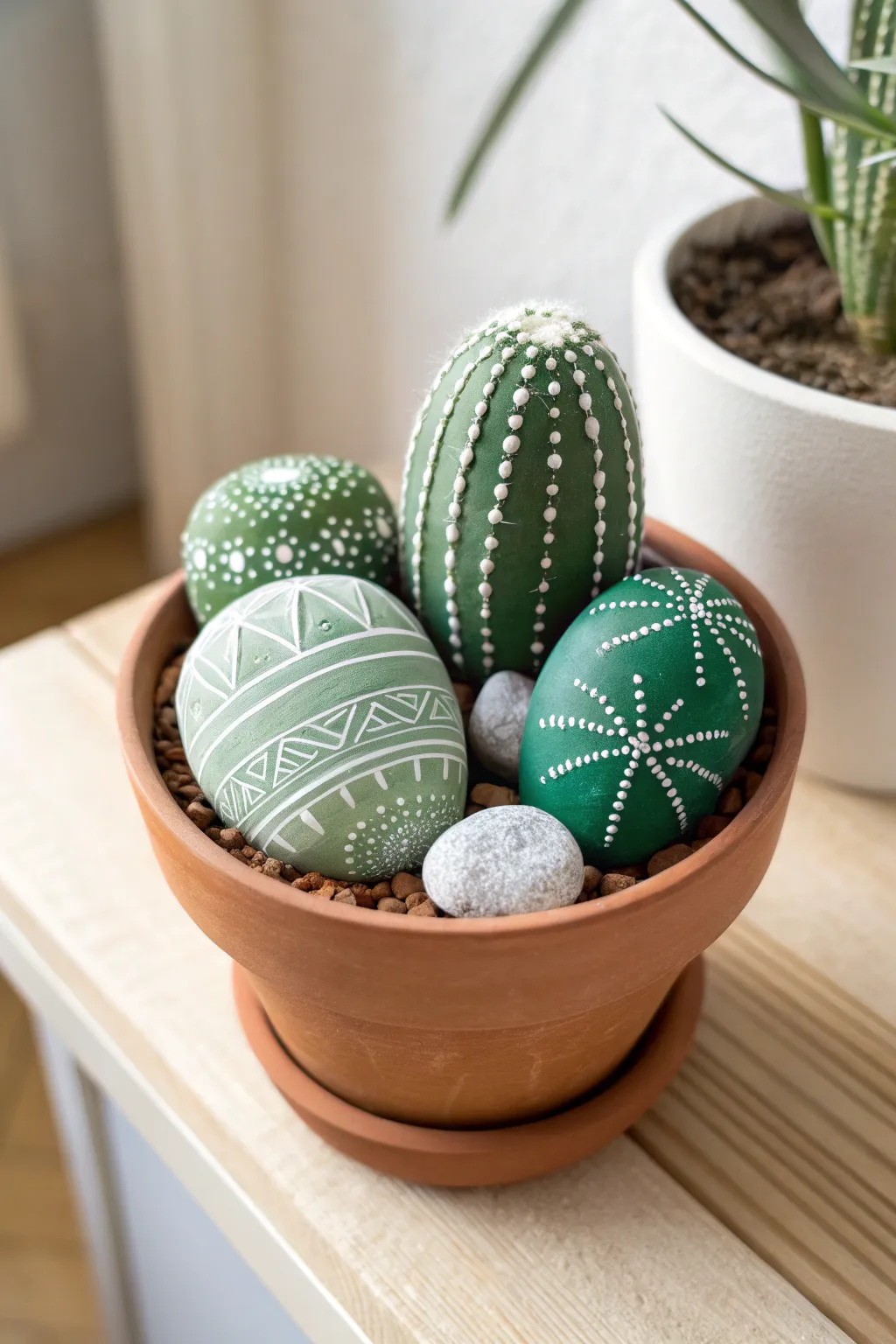 Embrace the charm of no-maintenance greenery with these delightful painted rock cacti, perfect for adding a playful touch to any minimalist space.