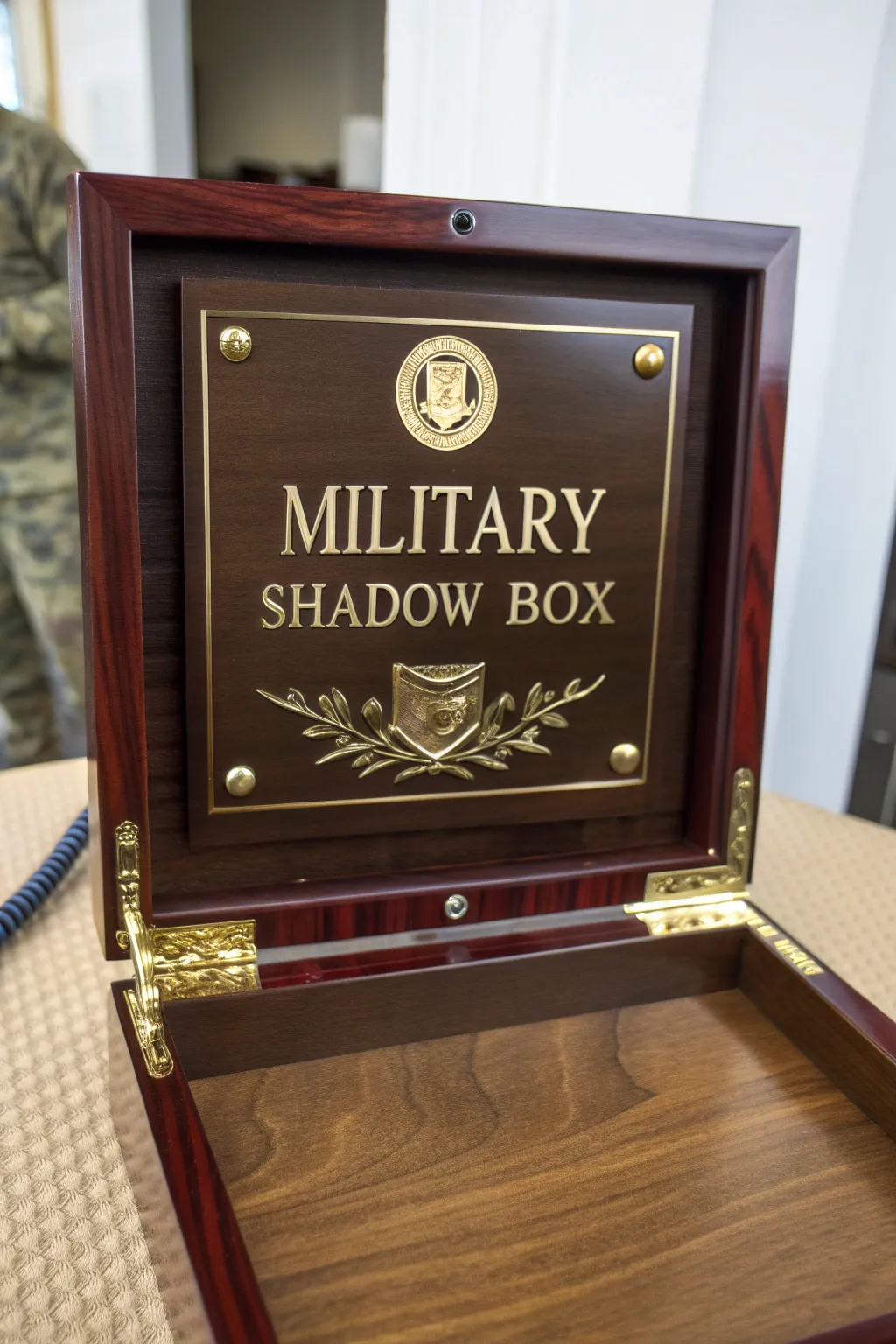Honor service and memories with a custom engraved plaque in a finely crafted military shadow box.