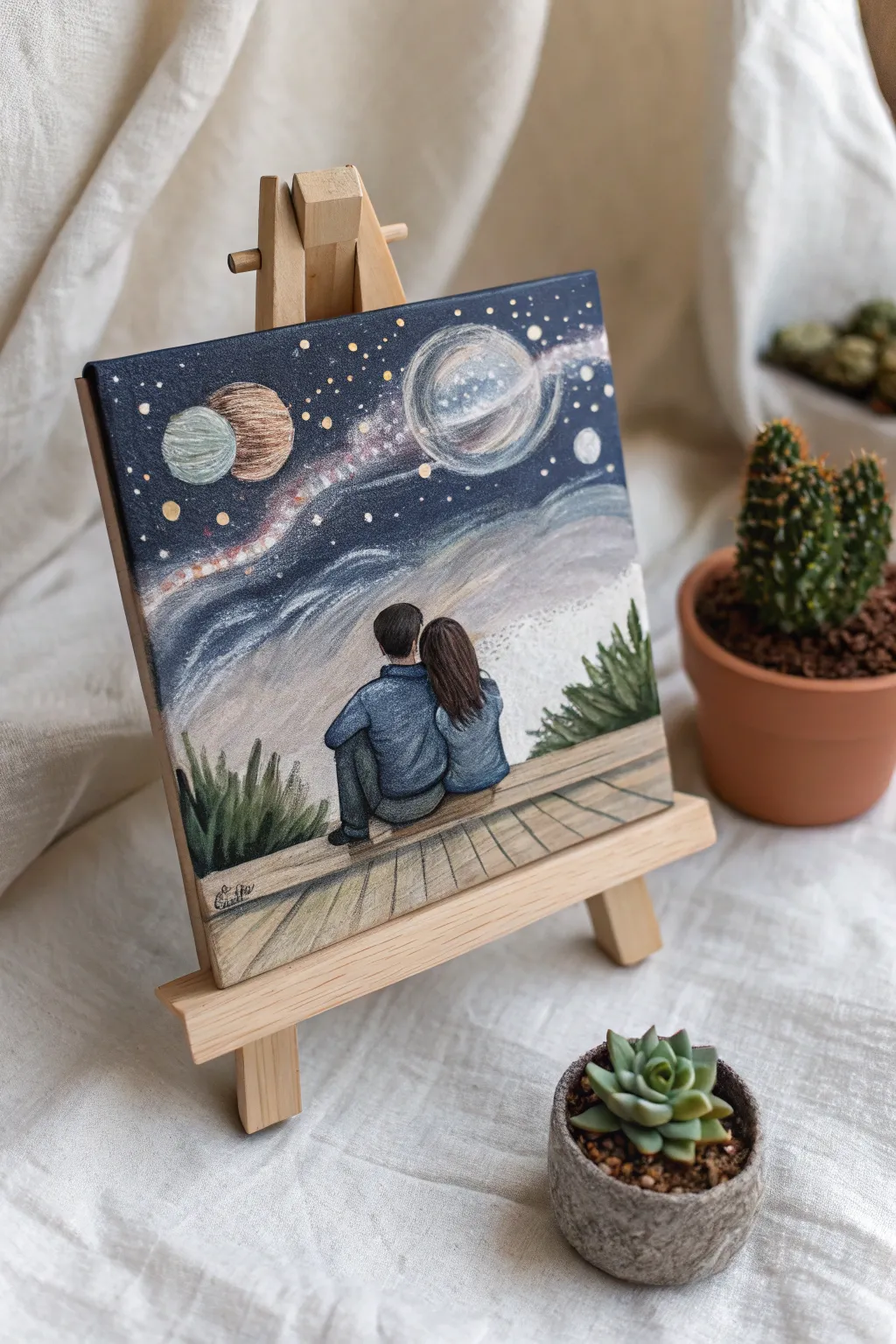 Explore the universe of love with a cosmic couple painting. ✨ #CosmicConnection #MinimalistArt