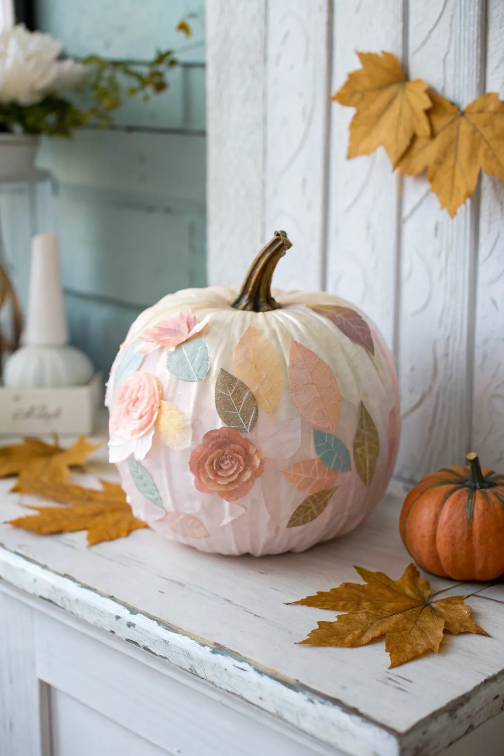 Whimsical charm meets minimalist elegance with our decoupaged pumpkin faces.