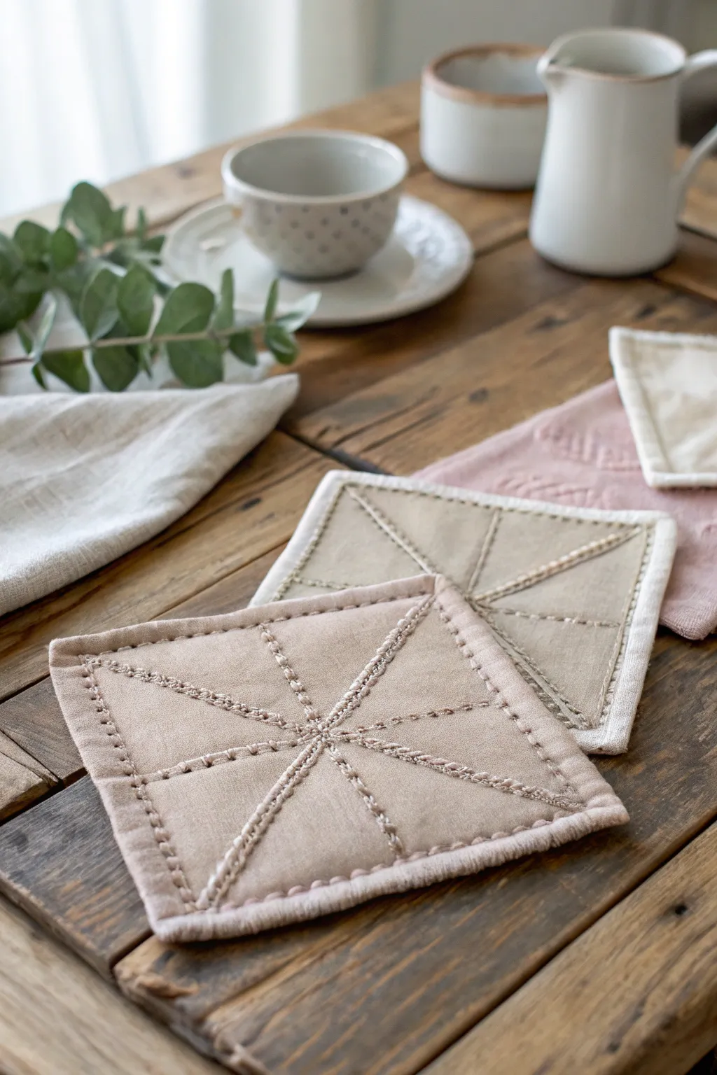 Elevate your dining experience with the elegance of handmade fabric coasters, where simplicity meets style.
