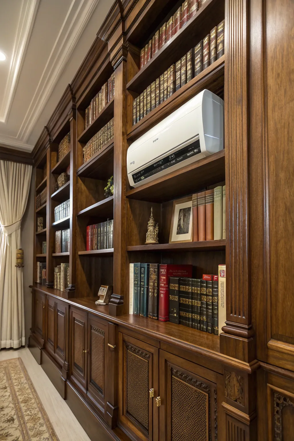 Effortless elegance: A mini-split seamlessly integrated into your bookshelf for a stylish and functional space.