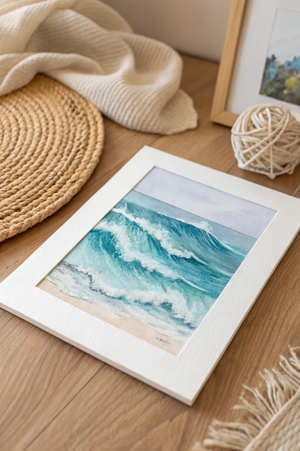 Capture the essence of the ocean in miniature form with these serene watercolor waves.