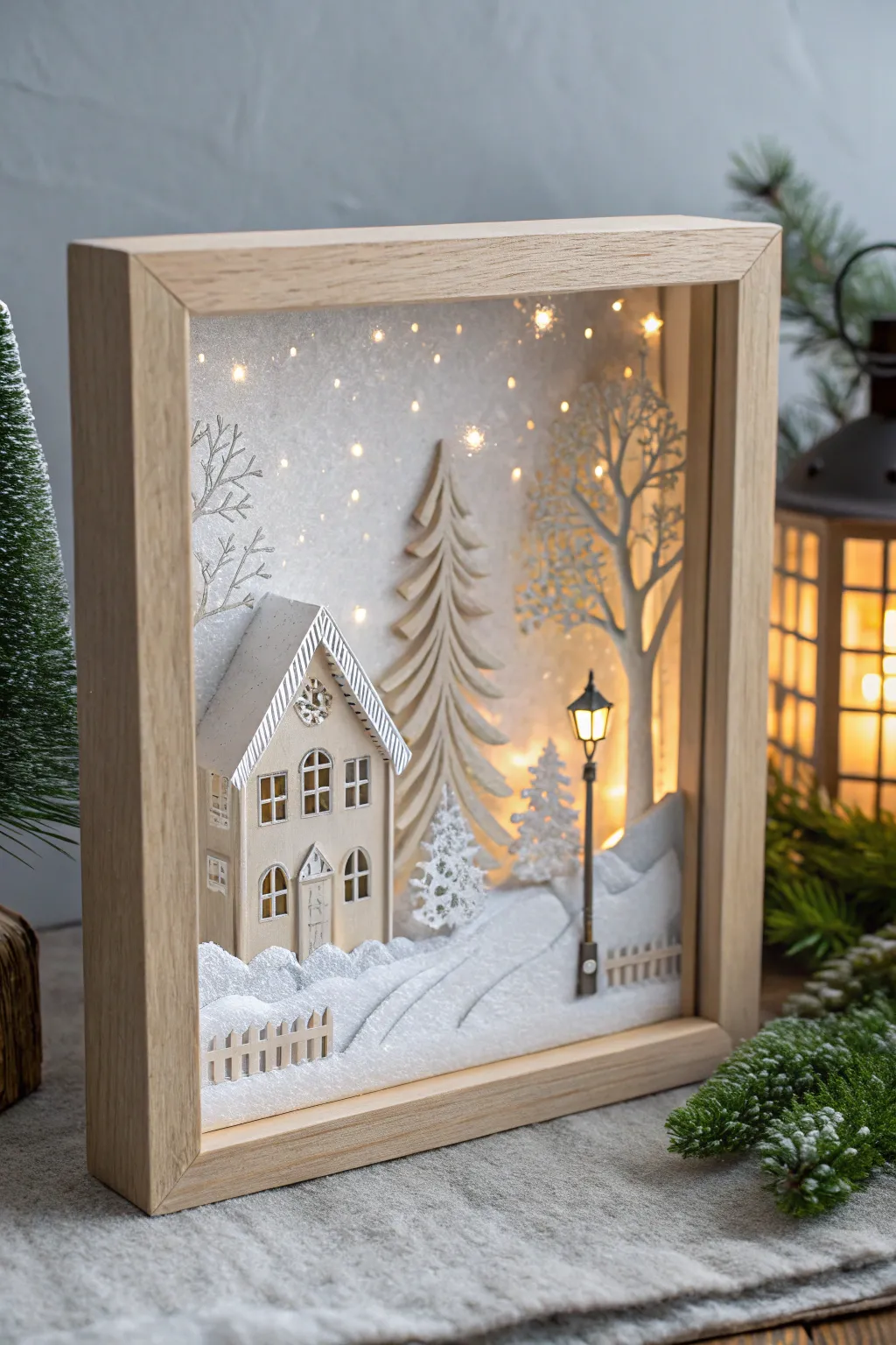 Capture the magic of a winter village in a delicate miniature shadow box, where craftsmanship meets minimalist beauty.