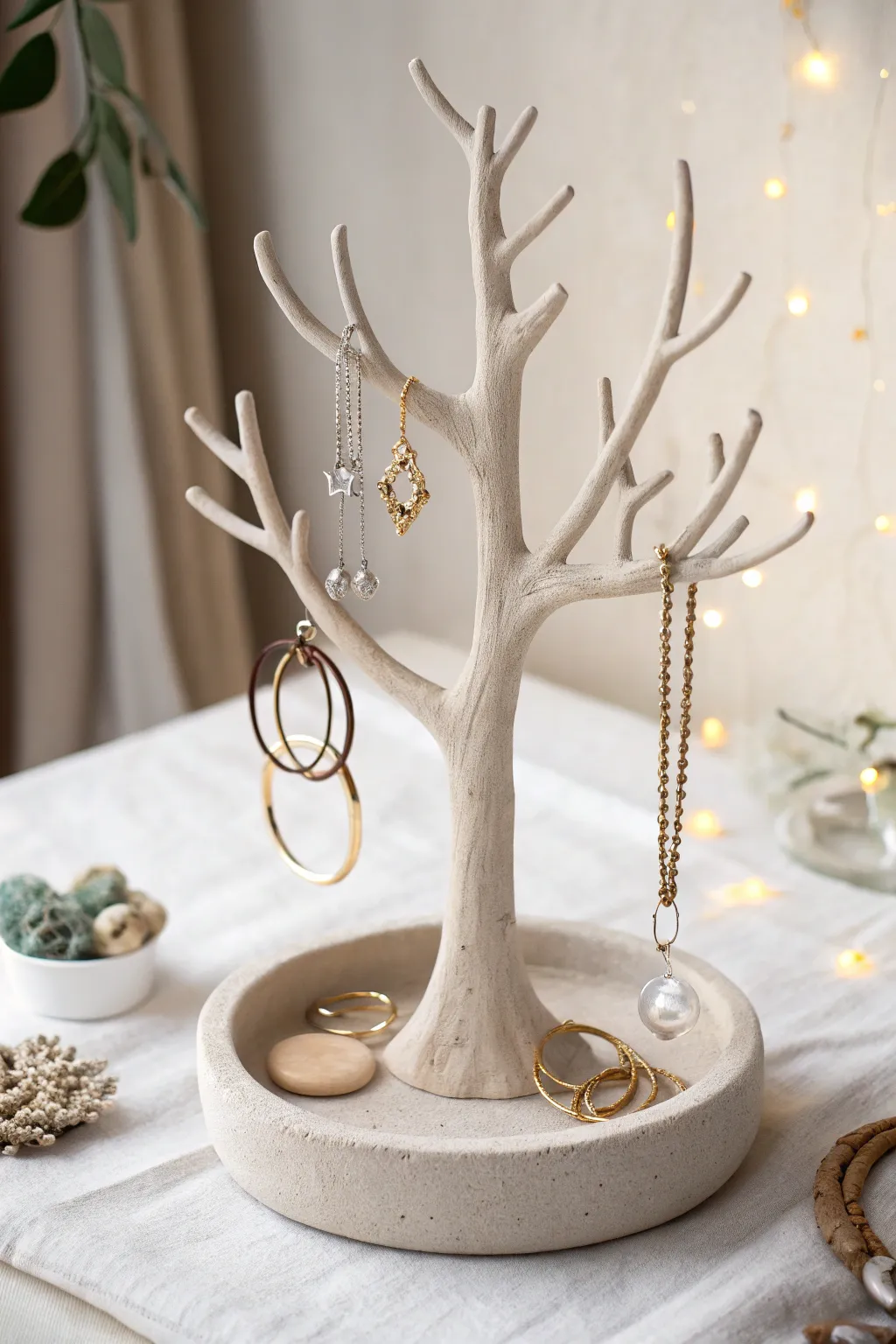 Elegance in simplicity: a minimalist clay jewelry tree to organize your treasures with style.