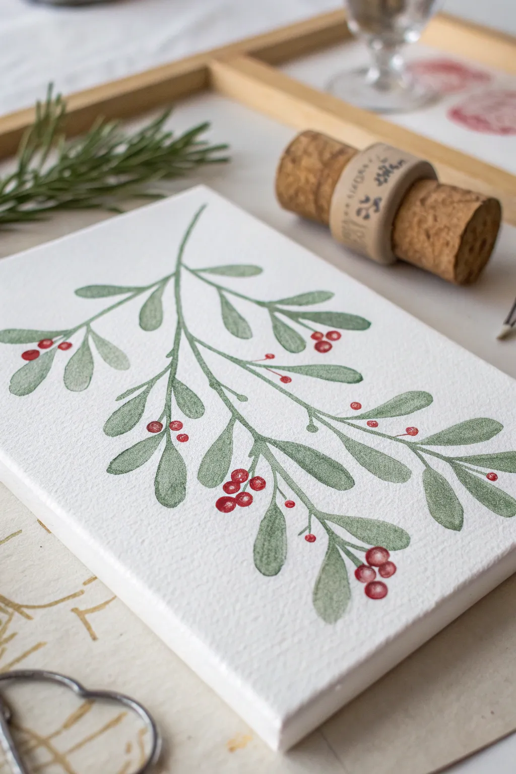 Craft a touch of nature with this simple yet elegant cork-stamped mistletoe art, perfect for adding a rustic charm to your space.