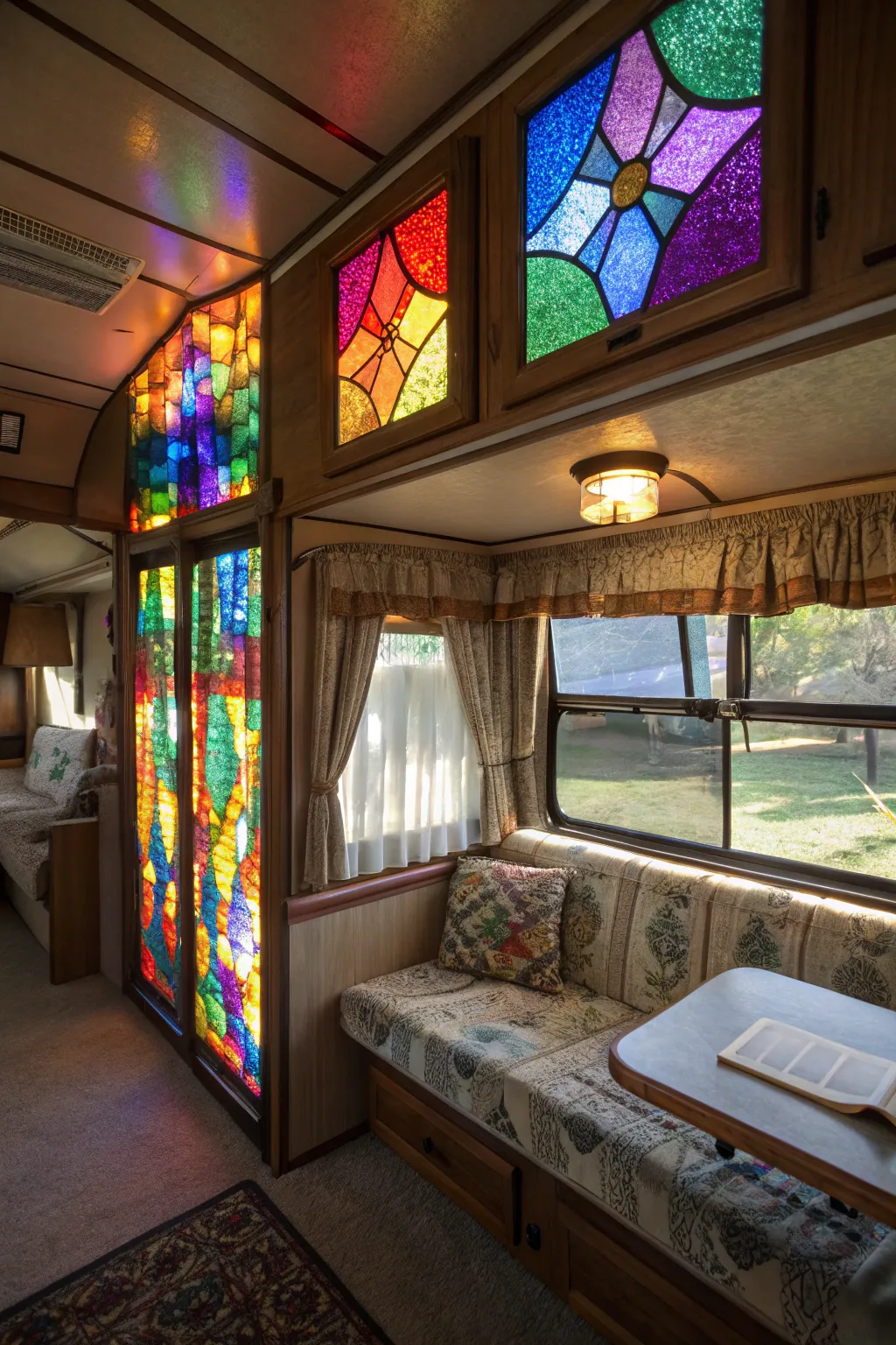 Stained glass trim adds elegance and colorful reflections.