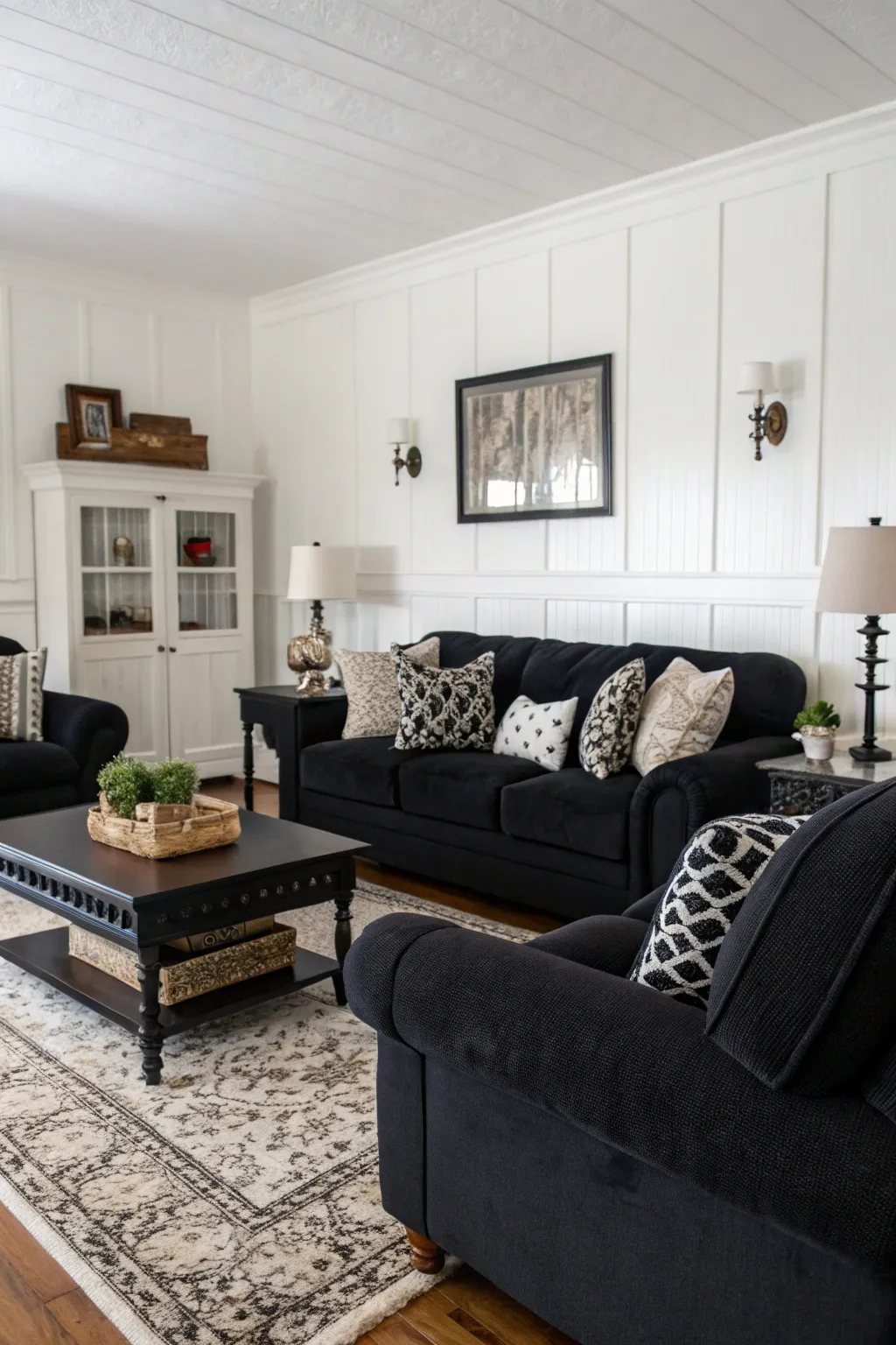 Bold black accents modernize spaces with a striking contrast.
