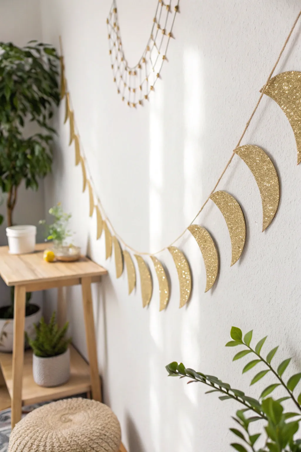 Add a touch of celestial charm to your decor with this stunning crescent moon garland, perfect for elevating any space with minimalist elegance.