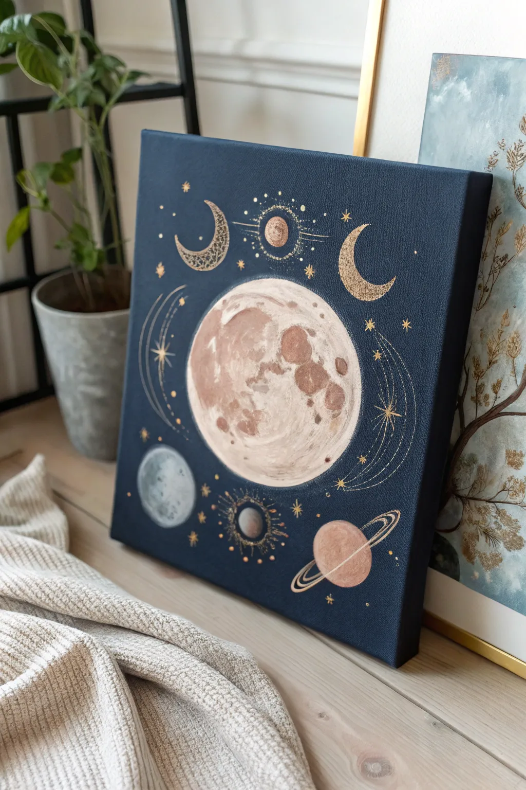 Discover serenity in cosmic simplicity: a Scandinavian-Boho moon painting that captures the universe's gentle allure.