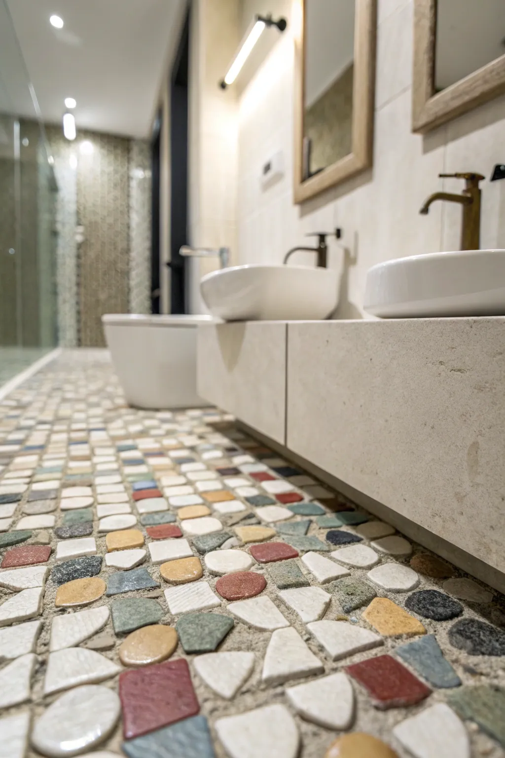Textured mosaic tiles add a tactile dimension to the bathroom floor.