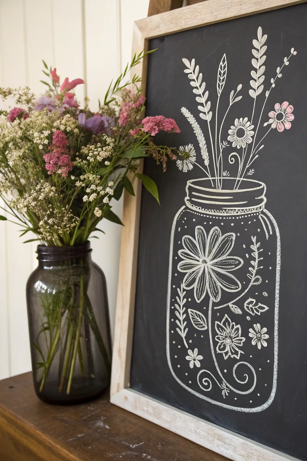 Celebrate Mother's Day with rustic charm and elegance: A mason jar chalkboard bouquet that speaks growth and care.