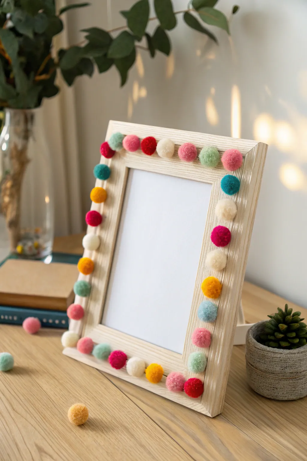 Delight in simplicity and color with this charming pom-pom picture frame, perfect for a Mother's Day gift crafted by little hands.