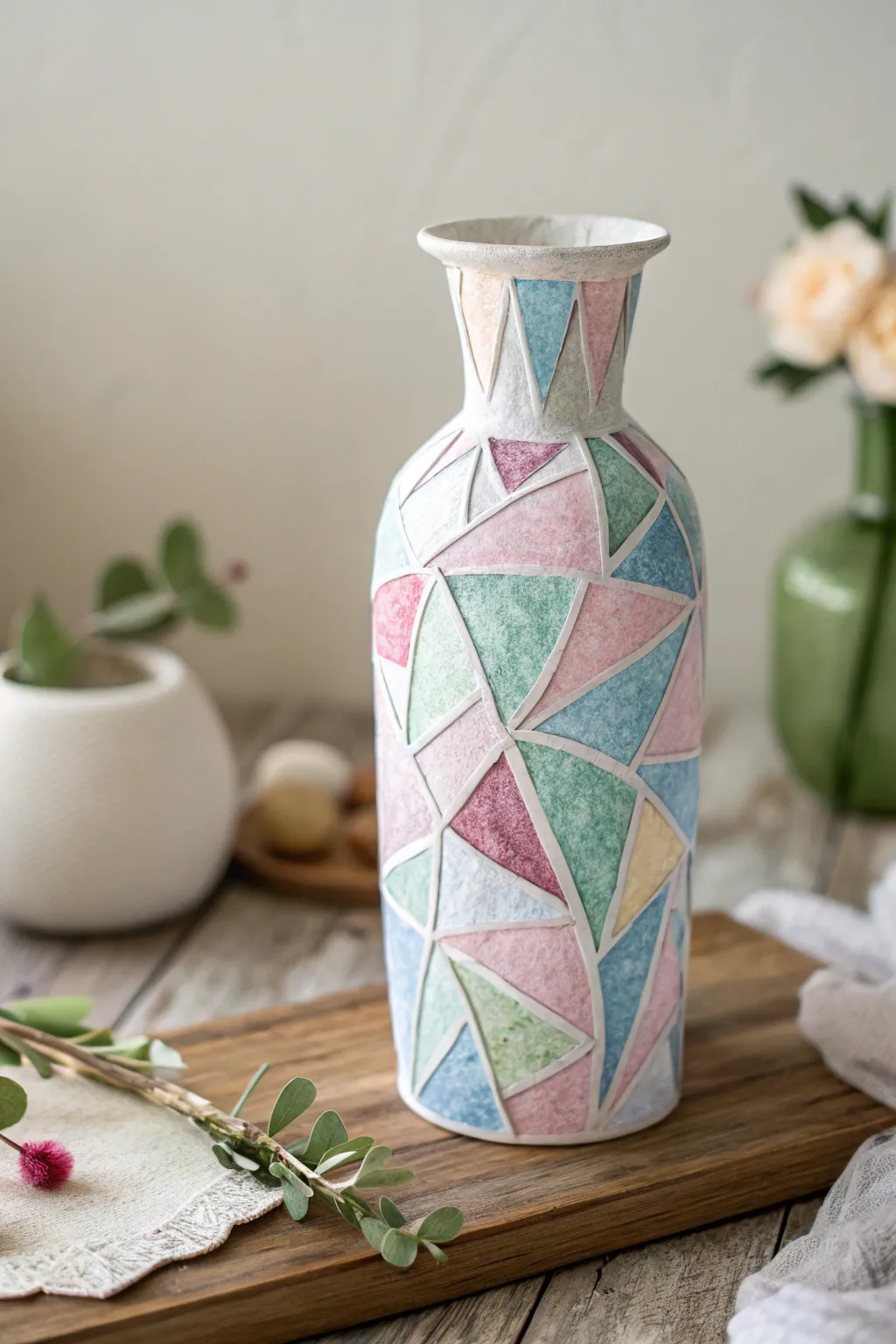 Craft a stunning stained glass effect with a decoupage tissue paper vase—perfect for a thoughtful Mother's Day gift.