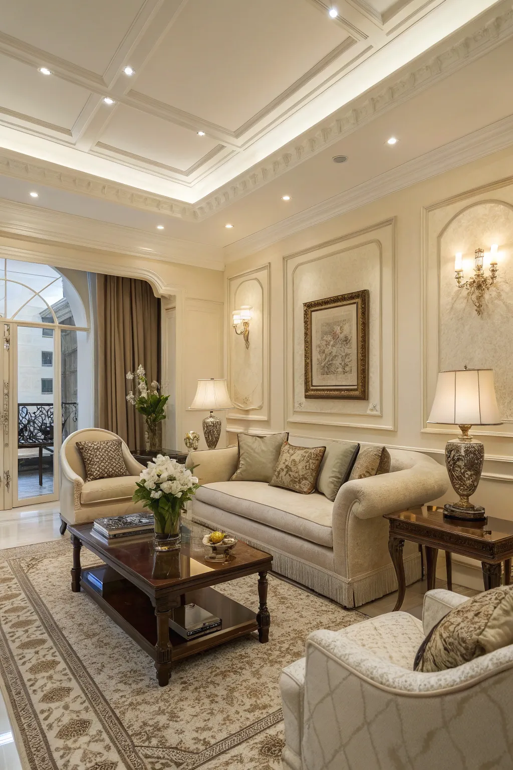 A luxurious living room exuding warmth with its cream-colored palette.
