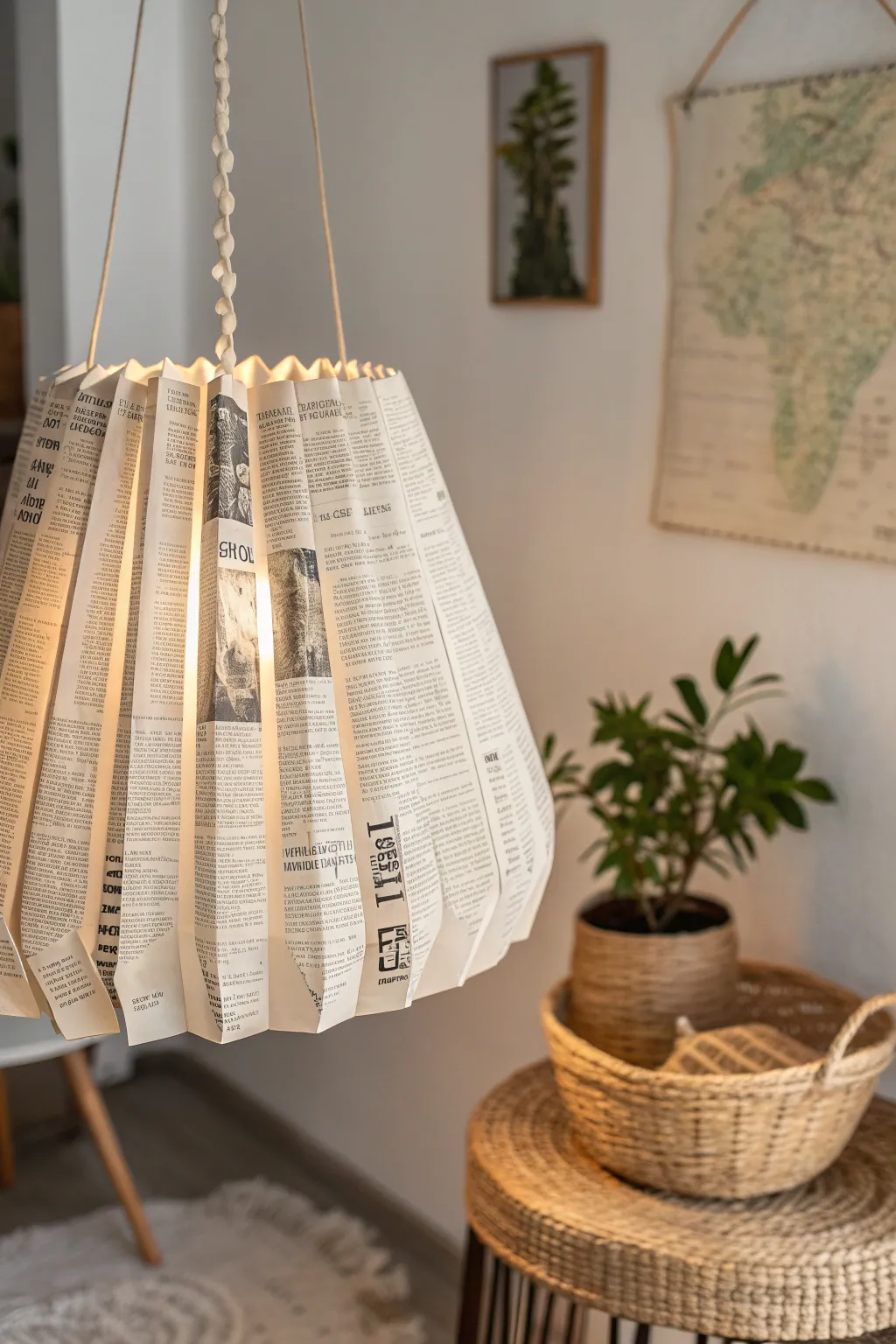 Illuminate your space with a touch of creativity - a statement newspaper lampshade that blends Scandinavian and Boho charm.