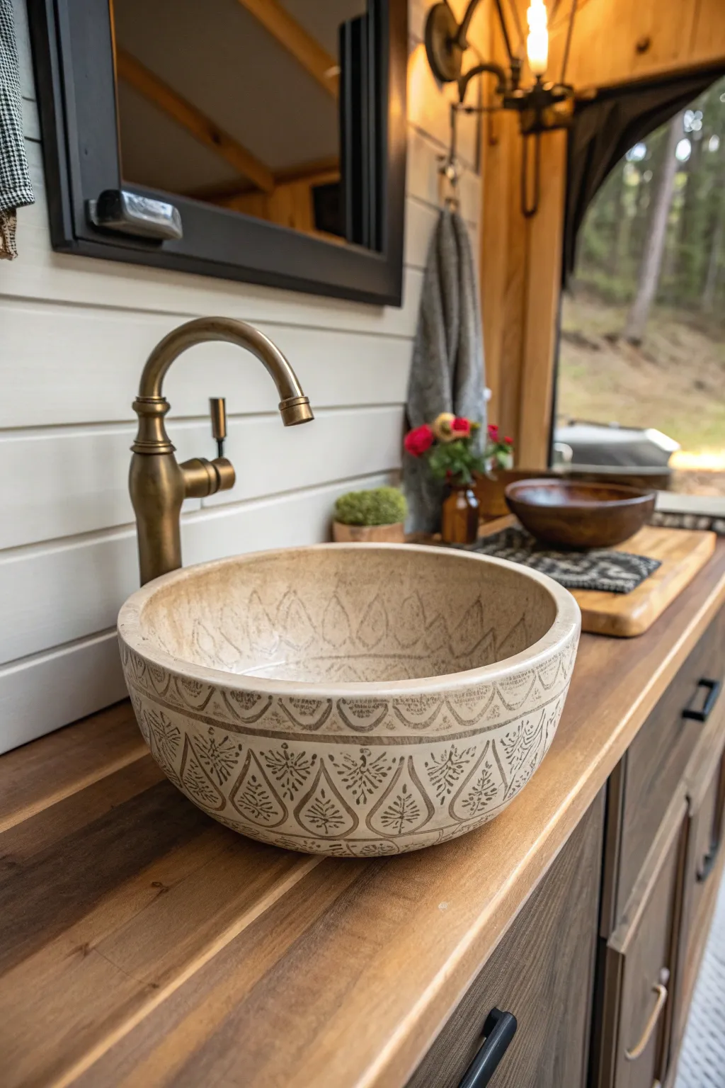 Elevate your tiny home with the elegance of a handcrafted basin sink.