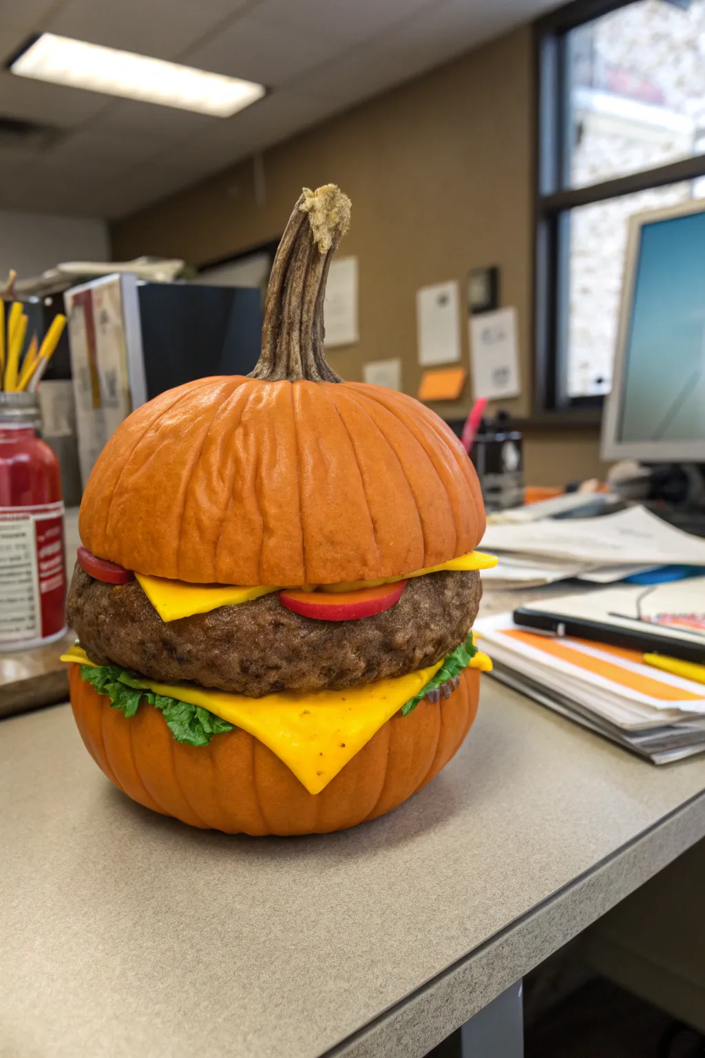 A quirky cheeseburger pumpkin, sure to bring smiles to the office.