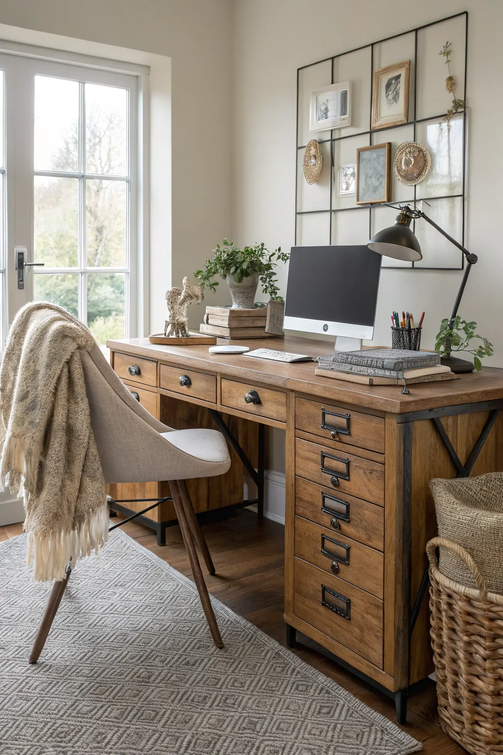 A home office with mixed textures like wood, metal, and textiles.