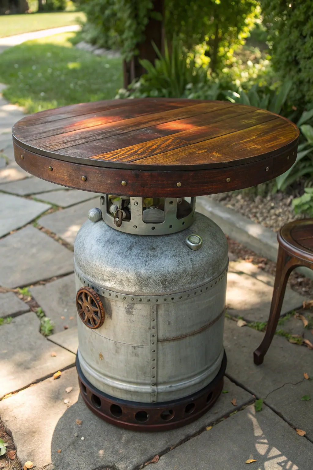 Transform your space with industrial elegance: a vintage air tank reimagined as a stunning table base.