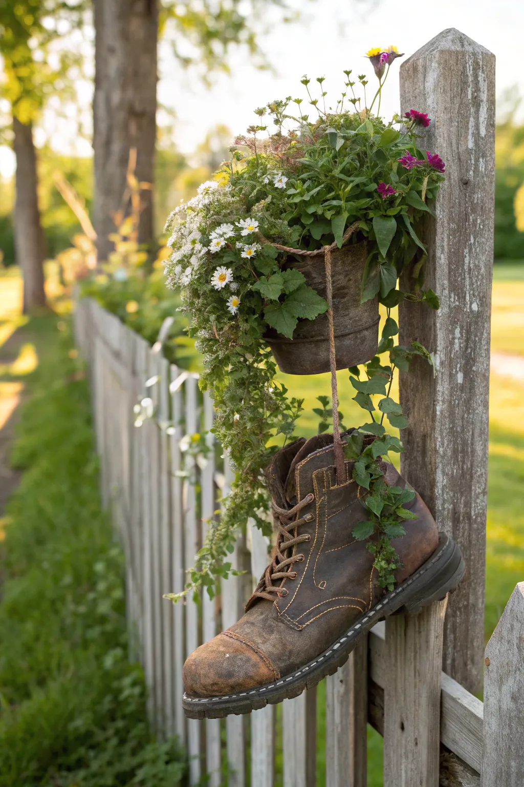 Transform your garden fence into a work of art with charming boot planters, where old meets new in a lush vertical garden display.