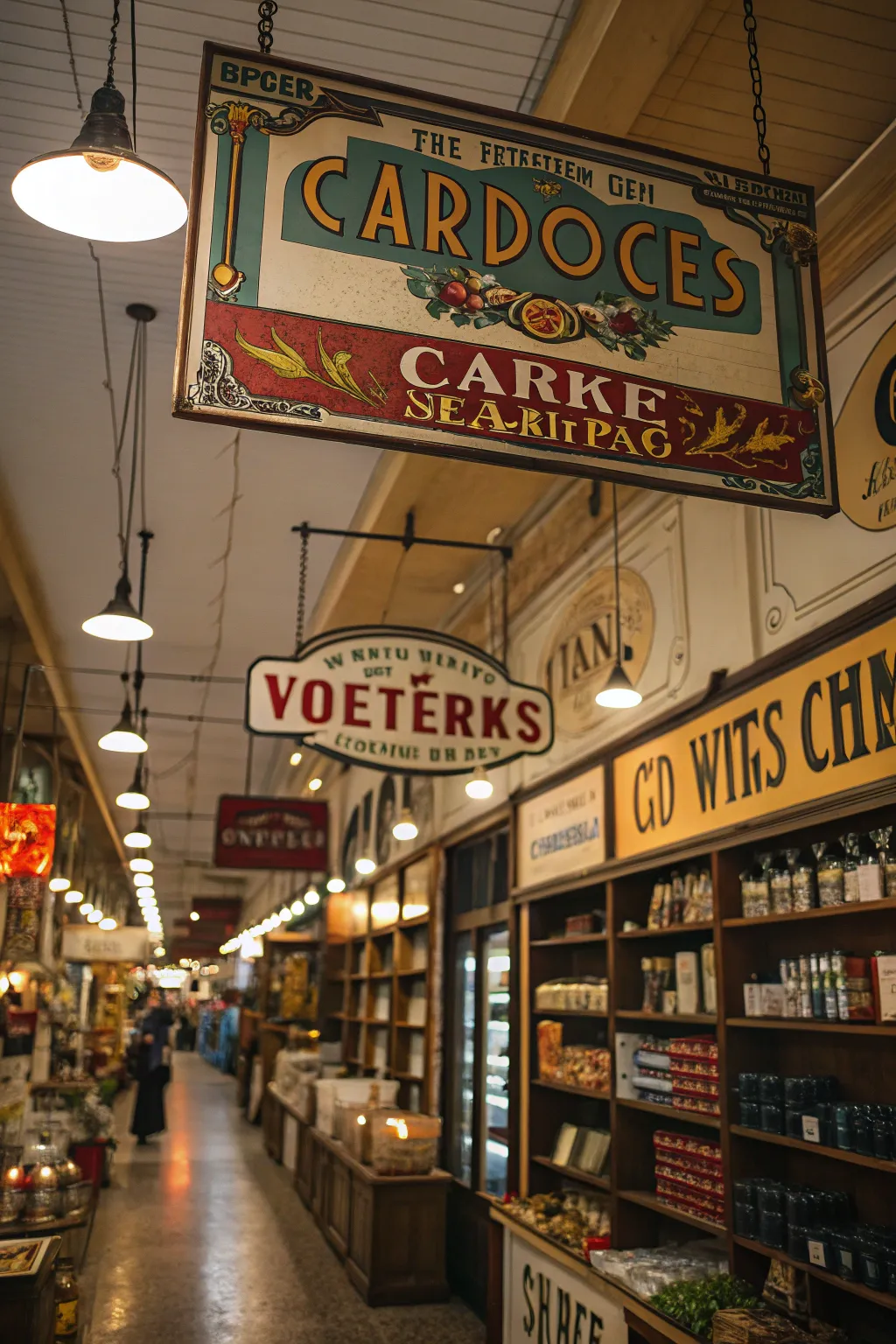 Old-fashioned decorative signs in a store.