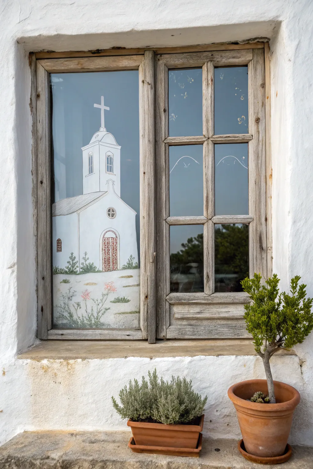 Transform old windows into serene art pieces with symbolic church scenes, perfect for a peaceful meditation corner.