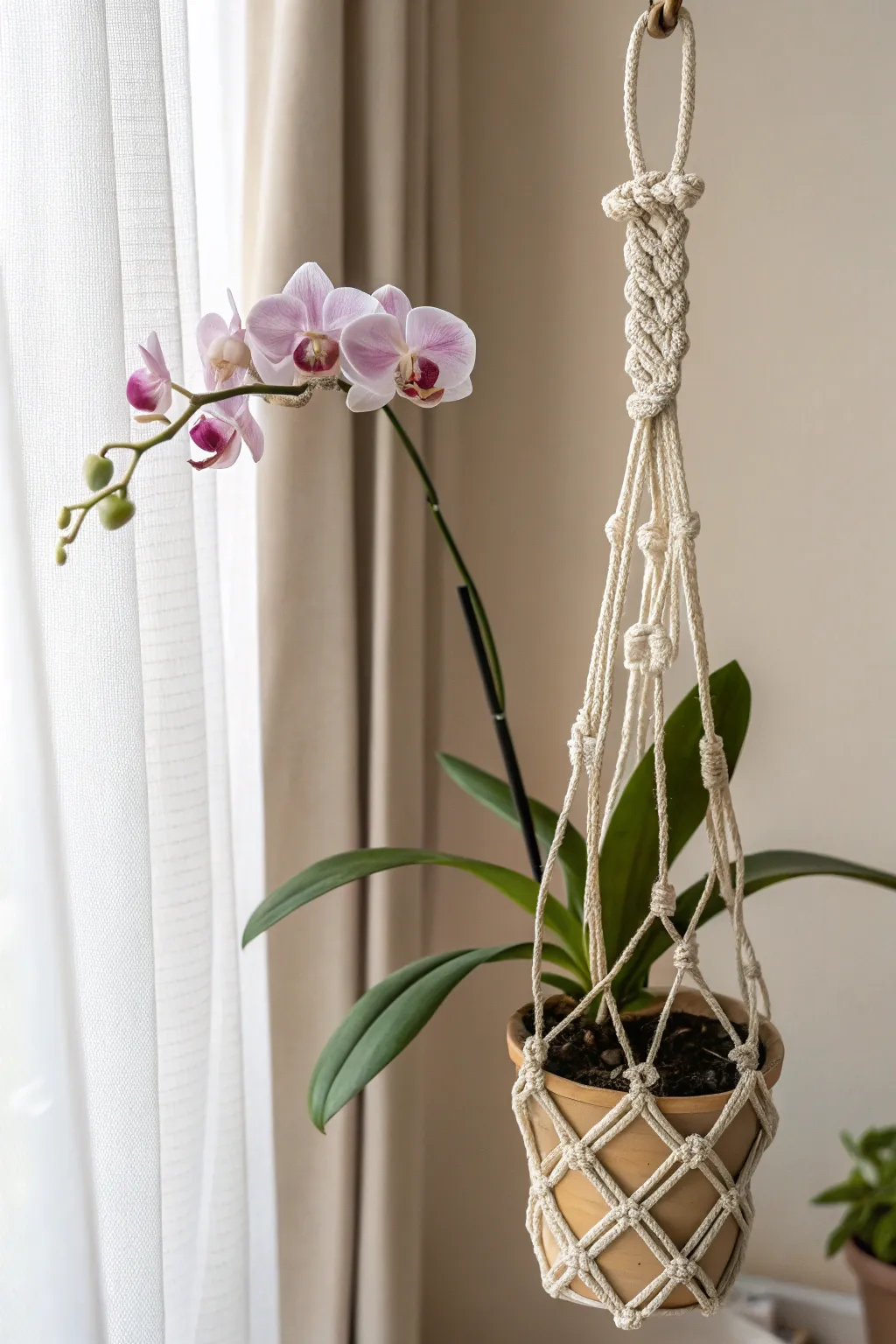 Elevate your orchid display with artisanal macramé hangers, blending vintage charm with minimalist elegance.