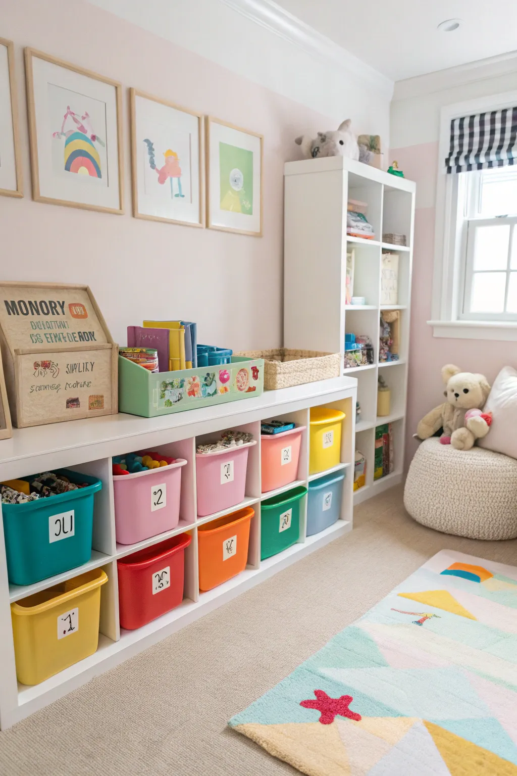 An organized playroom with a dedicated toy zone