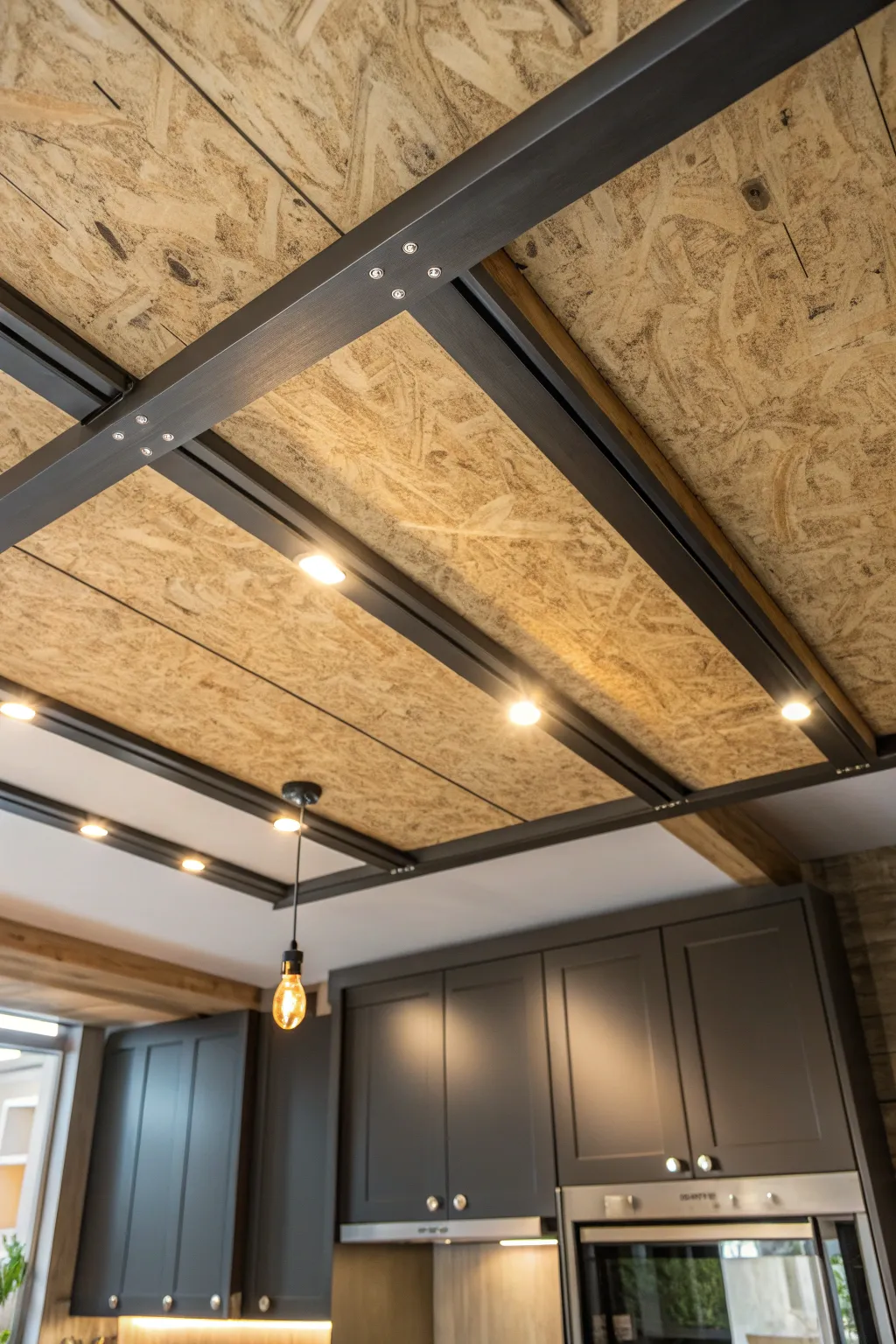 Elevate your space with a bold mix of OSB and metal for a stunning visual contrast.