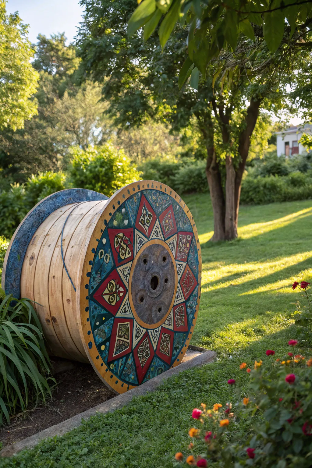 Transform your garden with a splash of color: a cable spool turned outdoor masterpiece.
