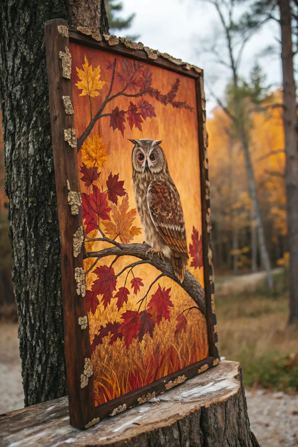 Embrace the serene beauty of autumn with this exquisite owl painting, a perfect blend of nature and artistry.