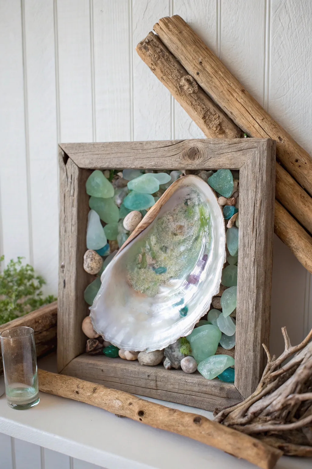Elevate your space with the natural elegance of mixed media art, where oyster shell meets driftwood and sea glass.