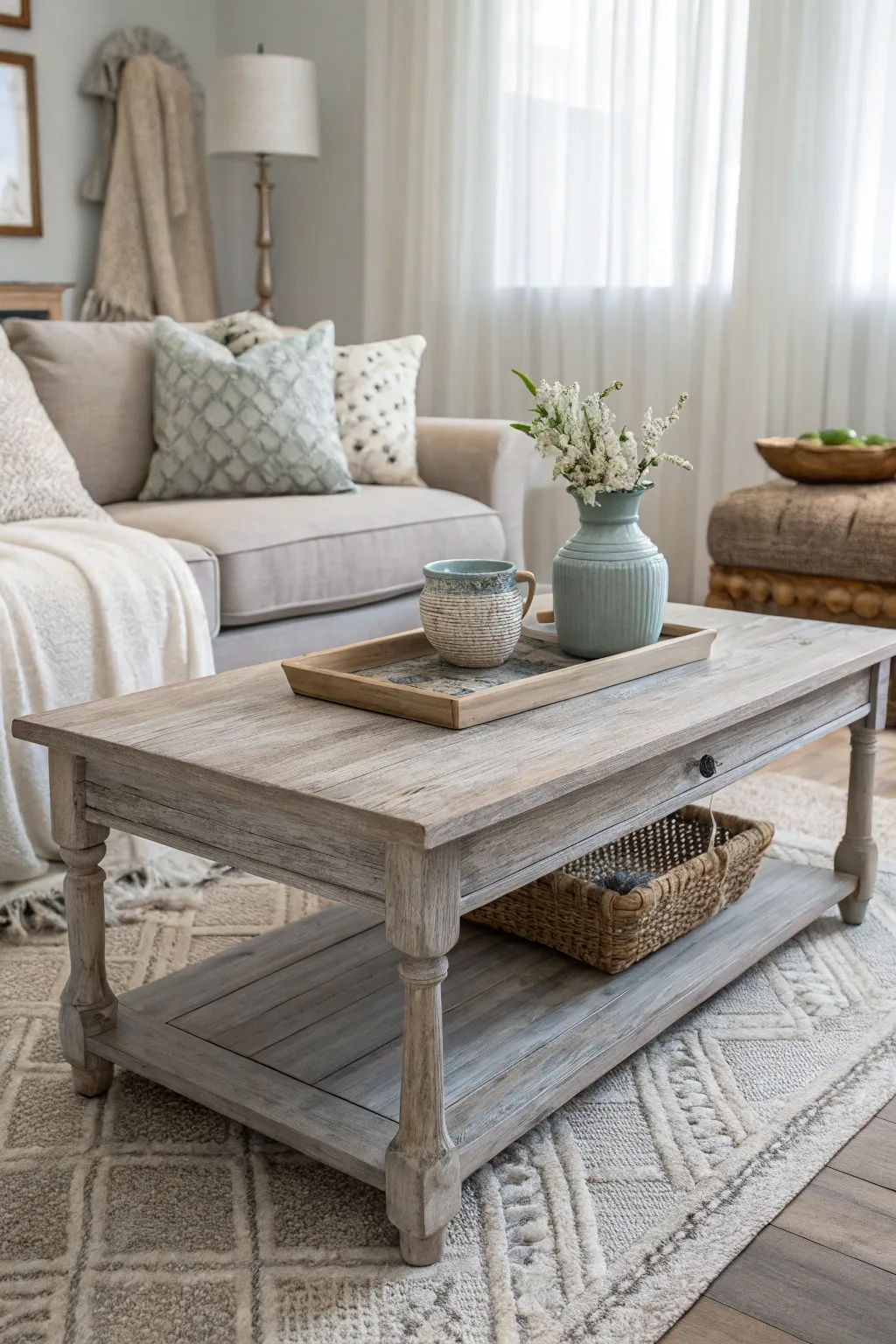 Transform your space with a chic farmhouse gray wash coffee table makeover. 🌿✨