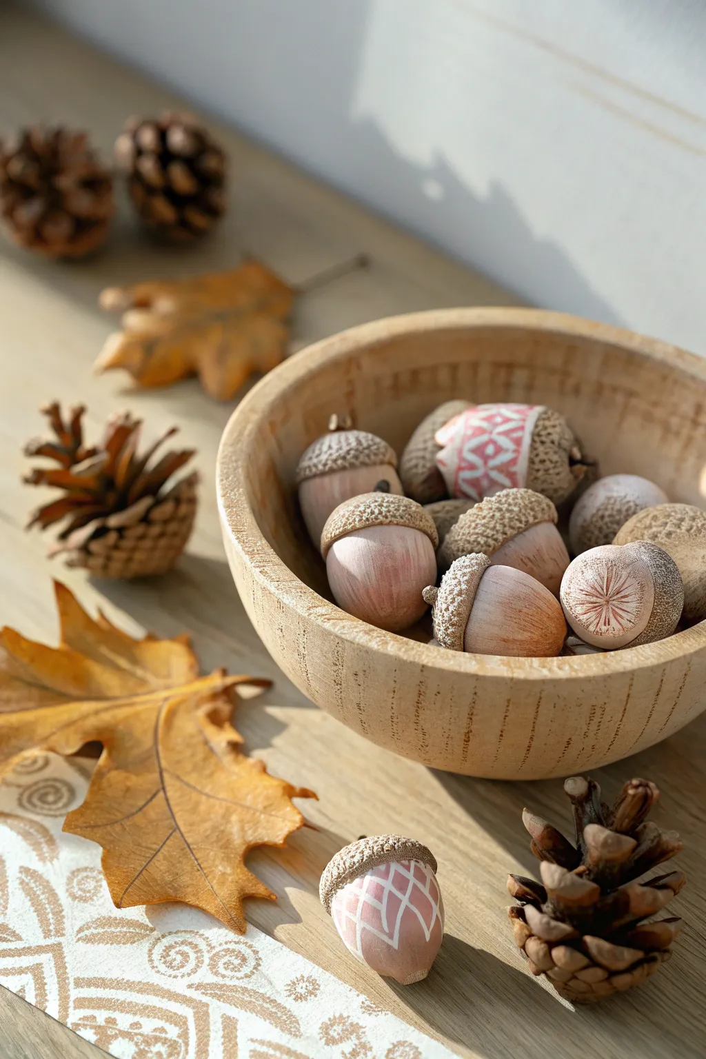 Transform your table with a charming rustic bowl centerpiece brimming with painted acorns and nature's treasures.