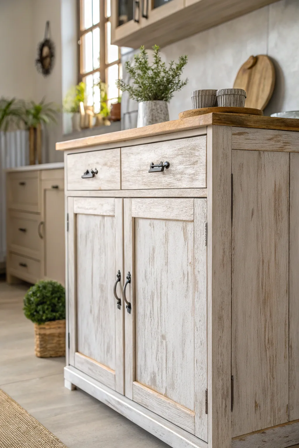 Embrace the rustic farmhouse charm with beautifully distressed cabinets that bring warmth and character to your kitchen.