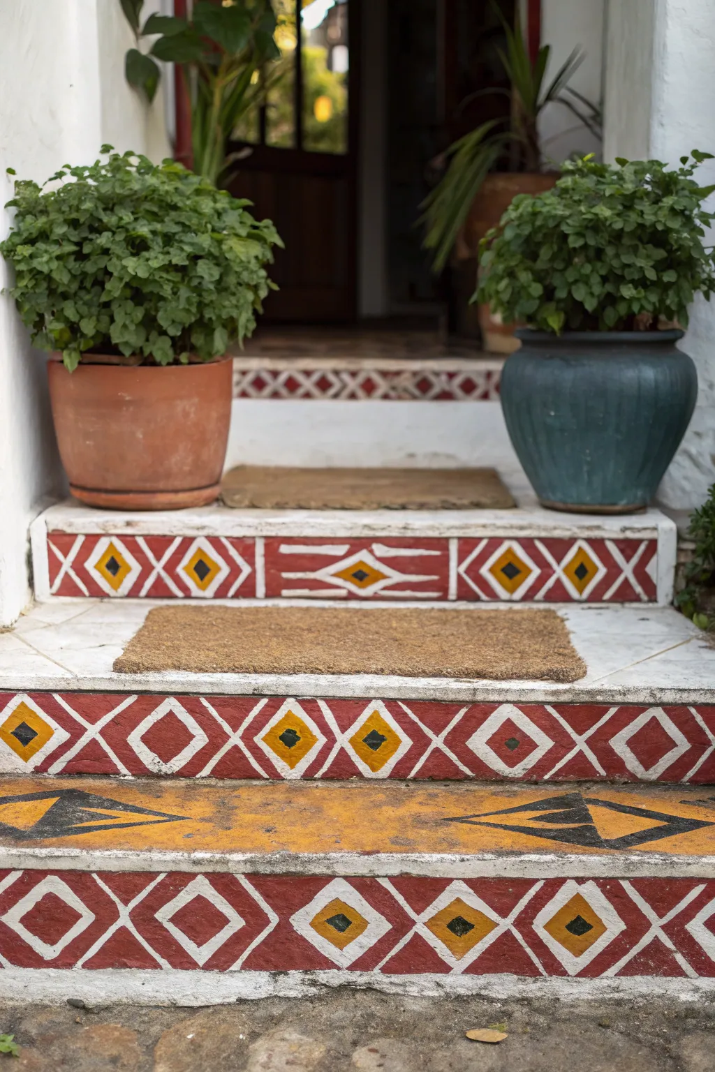 Transform your entrance with artisanal charm: bold painted steps, a rustic doormat, and lush greenery.