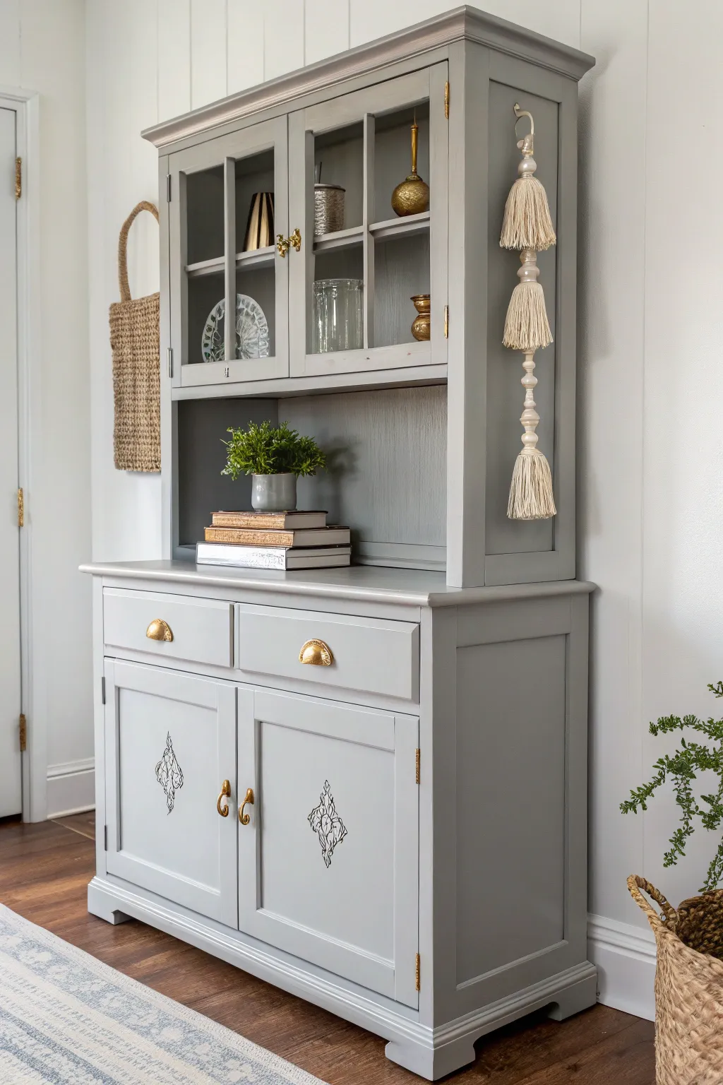 Discover the elegance of gray glamour with this beautifully revamped hutch, perfectly blending minimalist simplicity with boho charm.