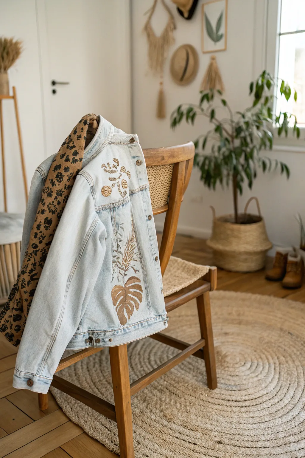 Unleash your wild side with subtle sophistication: Hand-painted leopard print on denim.