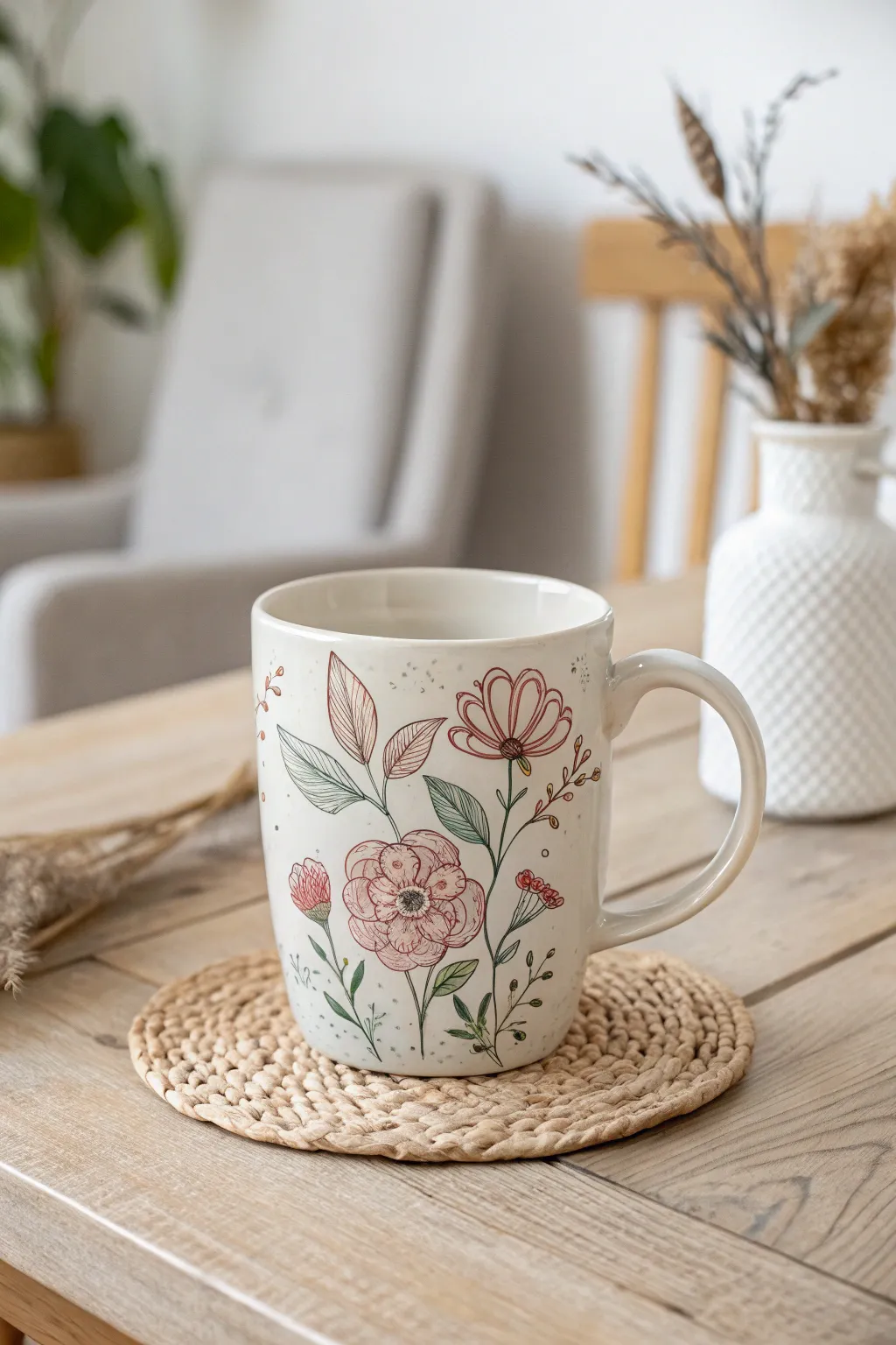 Sip in style with floral elegance, bringing the garden's charm to your everyday moments.