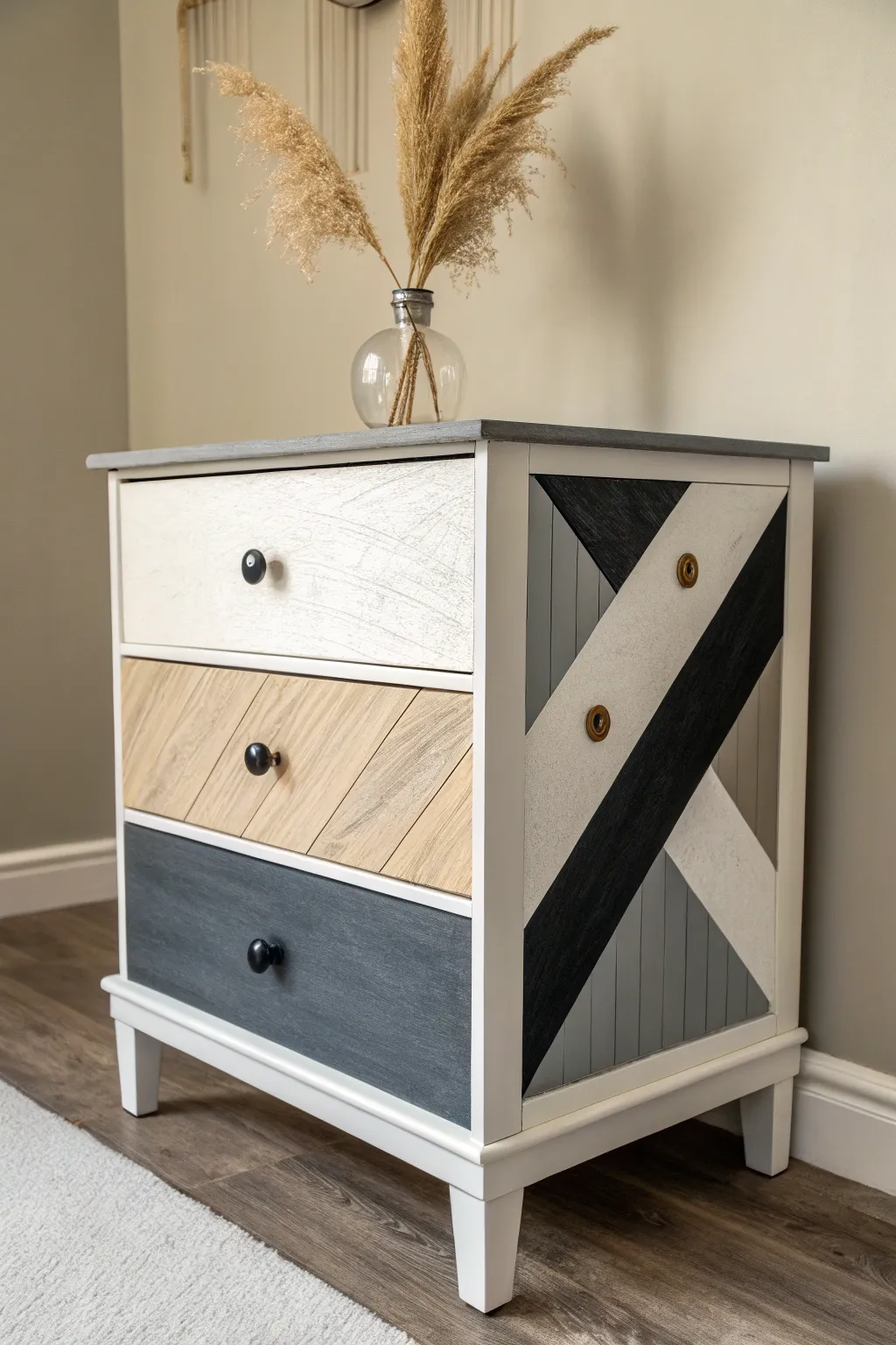 Transform your space with this artsy color-blocked nightstand—where simplicity meets bold style.