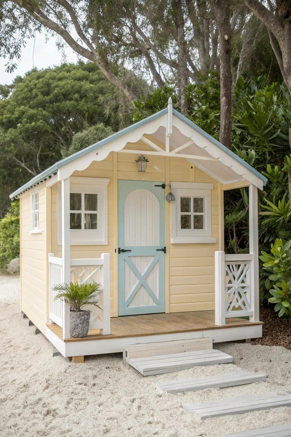 Transform your backyard into a seaside retreat with this charming beachside bungalow playhouse.