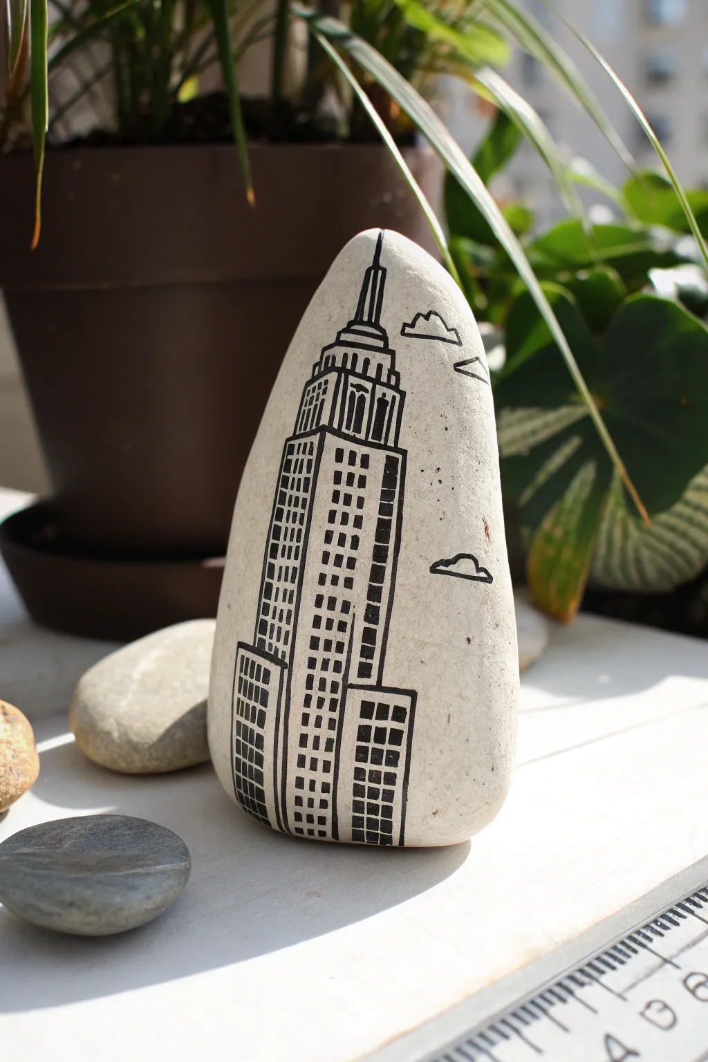 Embrace city vibes with this minimalist urban street scene rock—where modern architecture meets handcrafted artistry.