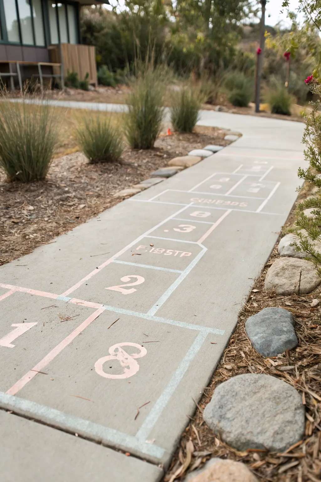Transform your walkway into a playful escape with minimalist hopscotch paths. Perfect for family fun!
