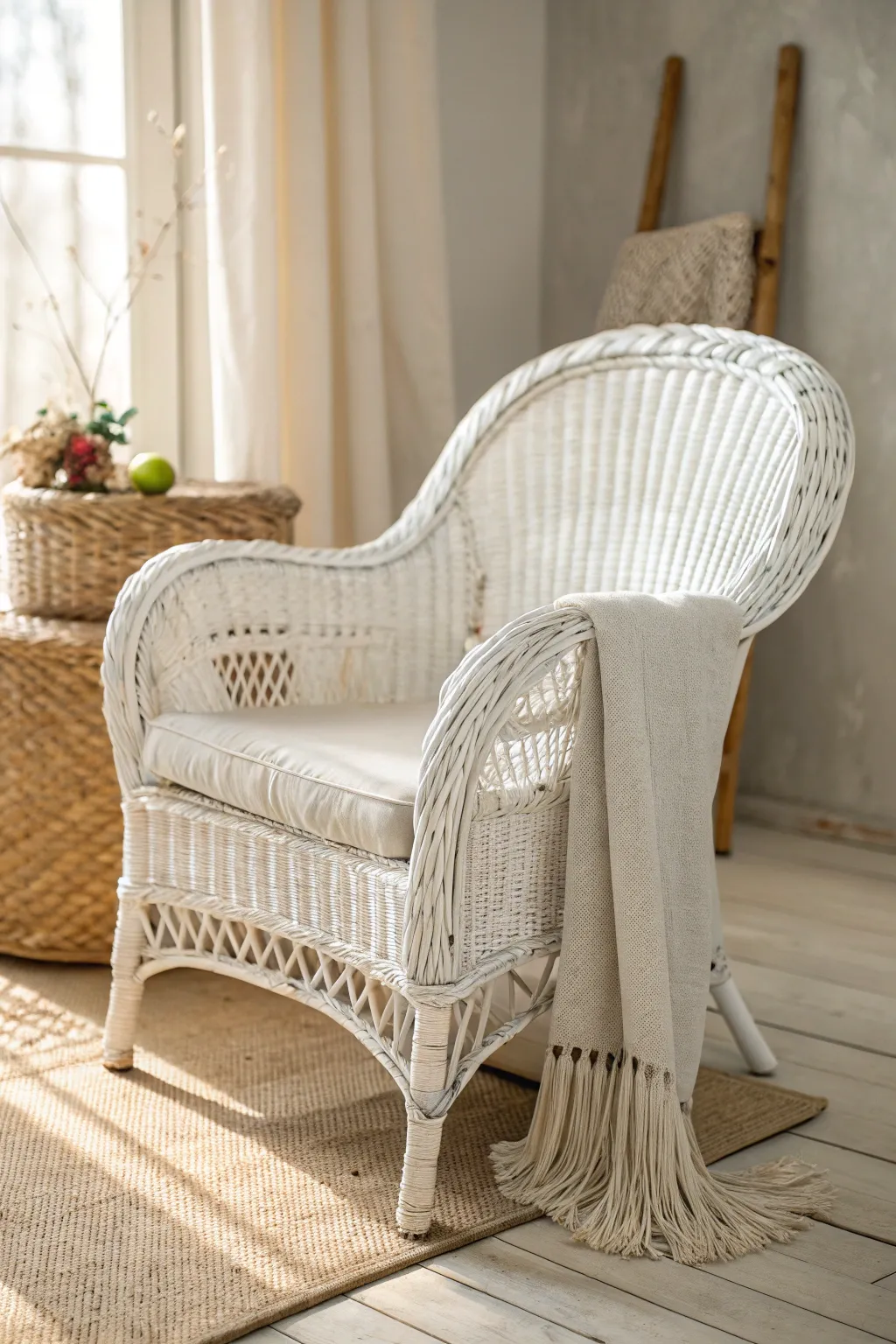 Embrace the timeless charm of vintage white wicker for a cozy, shabby chic escape.