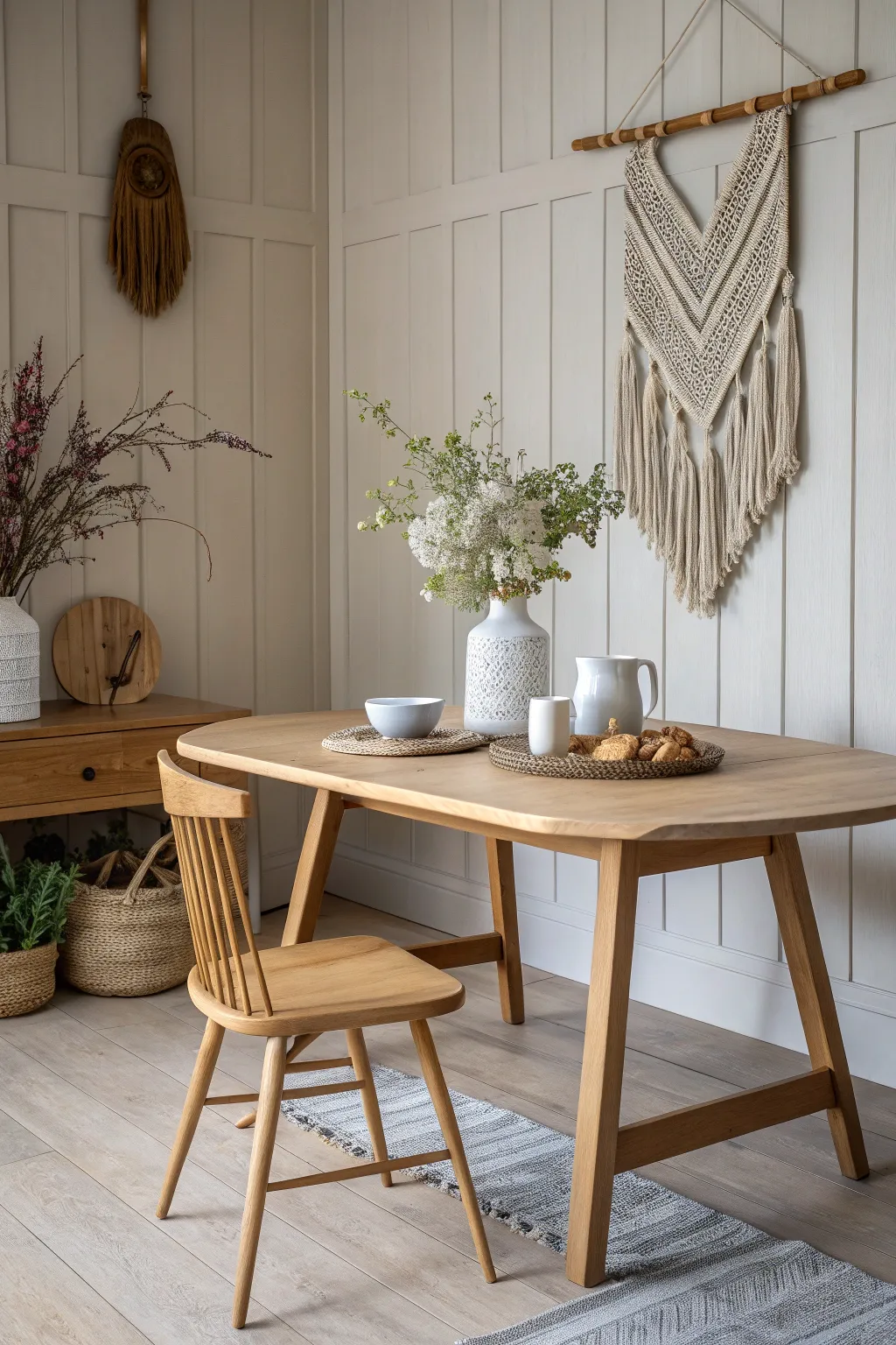 Harmonize your space with the seamless blend of natural wood tones and painted walls for an effortlessly chic dining room.