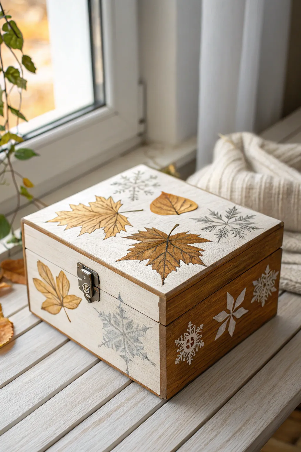 Embrace the beauty of changing seasons with a hand-painted wooden box—where autumn leaves meet winter snowflakes.